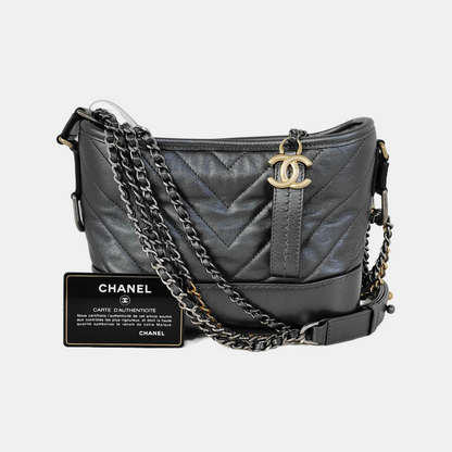 CHANEL GABRIELLE Small size deep grey leather quilted V pattern Gabrielle bag shoulder bag crossbody bag with gold silver ruthenium hardware 28 opening and removable shoulder strap-(SKU)-943365638