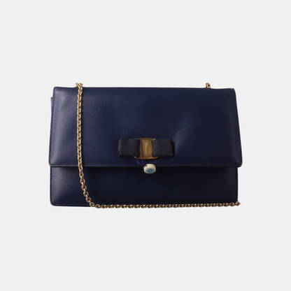 FERRAGAMO Ginny Blue Cowhide Crackle Crossbody Shoulder Bag Golden hardware-(SKU)-932733339