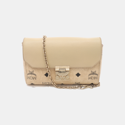 MCM MILLIE  Khaki Coated Canvas Monogrammed Bay Laurel Buckle Crossbody Shoulder Bag Golden hardware Removable shoulder strap-(SKU)-935170970