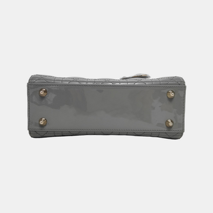 DIOR Lady Dior Small Size Blue Gray Patent Leather Cannage Quilted Diorella Shoulder Bag Tote Crossbody Bag with Detachable Strap-(SKU)-945787719