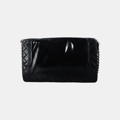 CHANEL BOY CHANEL Large Black Patent Leather Quilted Diagonal Shoulder Bag with Detachable Strap-(SKU)-14067527