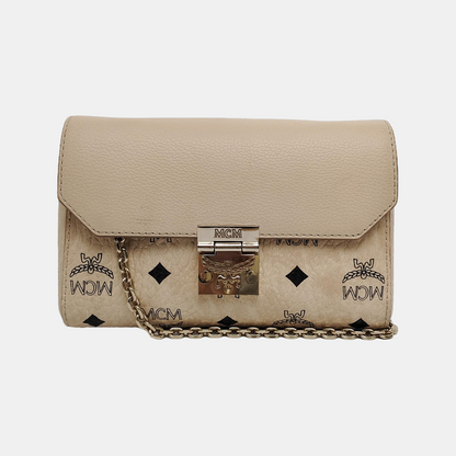 MCM MILLIE  Khaki coated canvas monogram laurel buckle shoulder bag/crossbody bag Golden hardware Removable shoulder strap-(SKU)-942977420