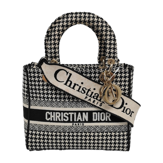 DIOR Lady D-Lite Medium Black Canvas Monogram Embossed Tweed Lady Dior Bag with Detachable Strap-(SKU)-943402222