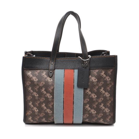 COACH FIELD Brown Coated Canvas Printed Carriage Single Shoulder Bag Crossbody Handbag Black hardware Pouch detachable shoulder strap-(SKU)-14243467