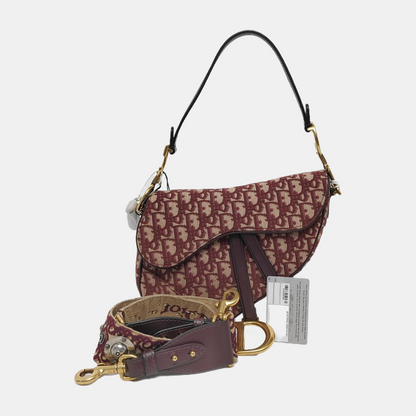 DIOR Saddle Small Burgundy Canvas Monogram Saddle Bag Crossbody Shoulder Bag with Gold Hardware Removable Strap-(SKU)-943857438
