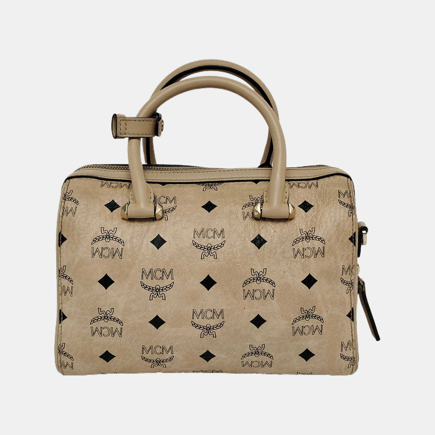 MCM ESSENTIAL Beige Coated Canvas Monogram Single Shoulder Bag Handbag Crossbody Golden hardware Removable shoulder strap-(SKU)-941521981