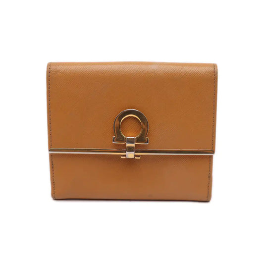 FERRAGAMO Gancio Brown Leather Embossed Wallet Golden hardware-(SKU)-13699492