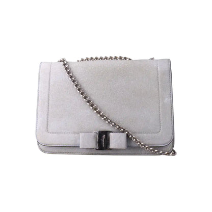 FERRAGAMO Vara Medium size Grey Cowhide Crossbody Bag Silver Hardware Removable shoulder strap-(SKU)-13751460