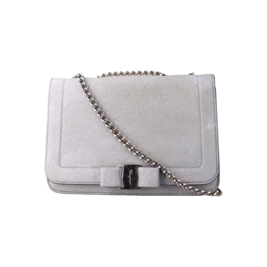 FERRAGAMO Vara Medium size Grey Cowhide Crossbody Bag Silver Hardware Removable shoulder strap-(SKU)-13751460