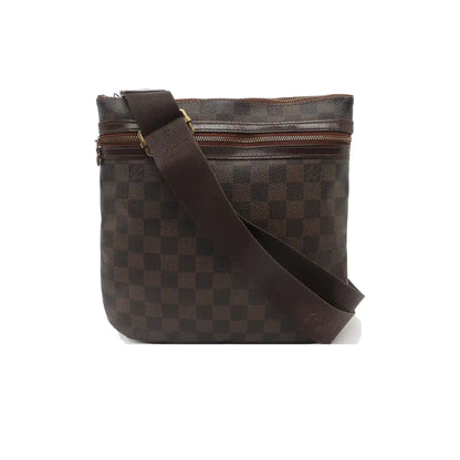 LOUIS VUITTON Brown Coated Canvas Checkered Single Shoulder Bag Crossbody Golden hardware-(SKU)-928779236