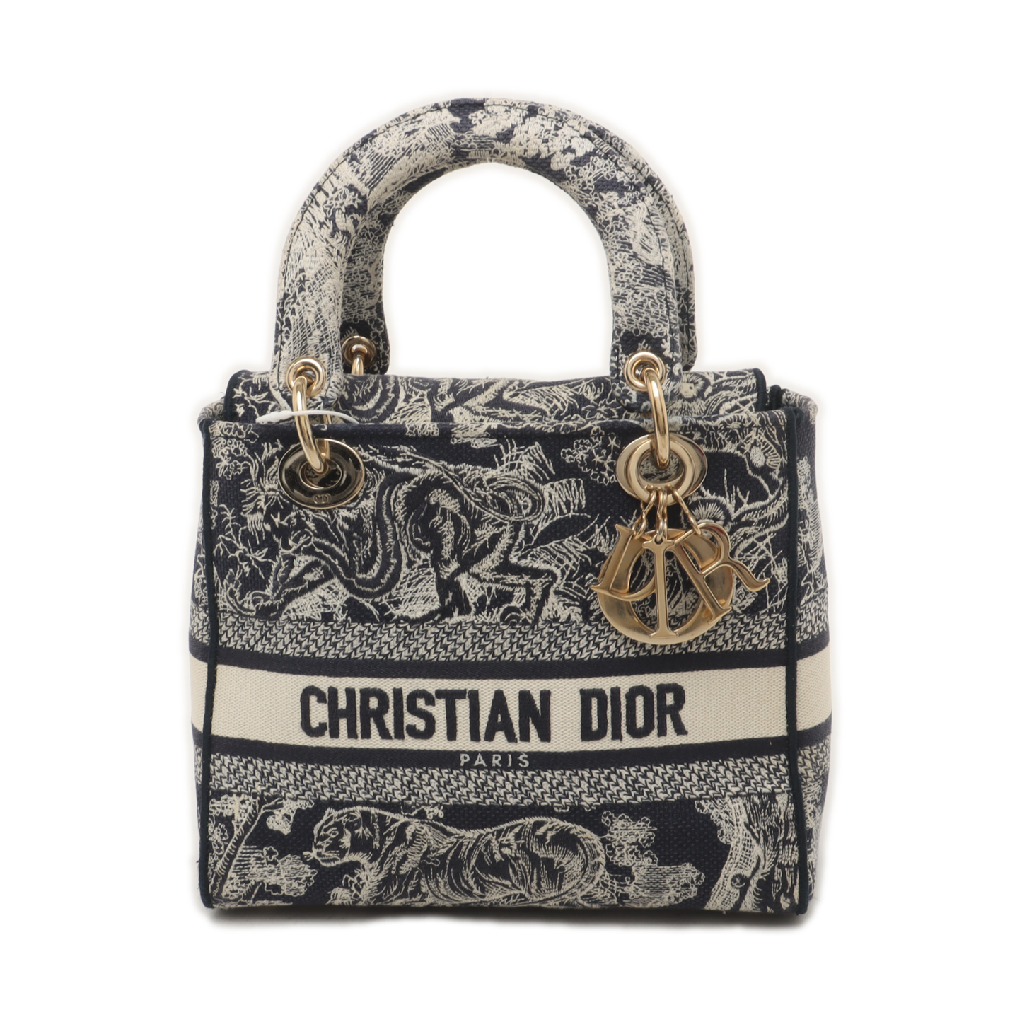 DIOR Lady D-Lite medium size blue fabric embroidered shoulder bag gold hardware detachable shoulder strap-(SKU)-934742654