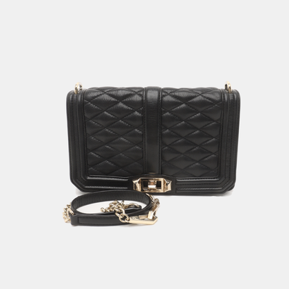 REBECCA MINKOFF Love  Black leather quilted crossbody single shoulder bag Golden hardware Removable shoulder strap-(SKU)-935256767