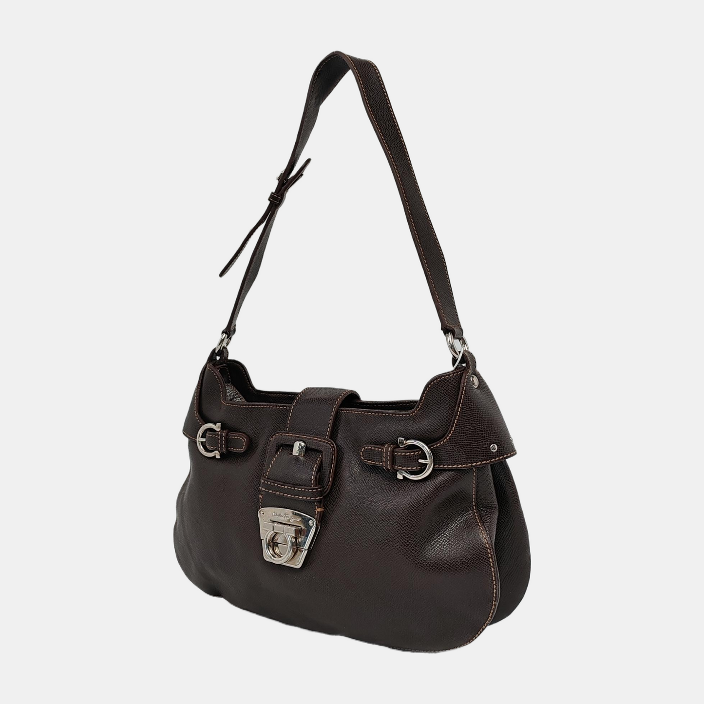 FERRAGAMO Deep brown cowhide single shoulder bag Silver Hardware-(SKU)-944080501