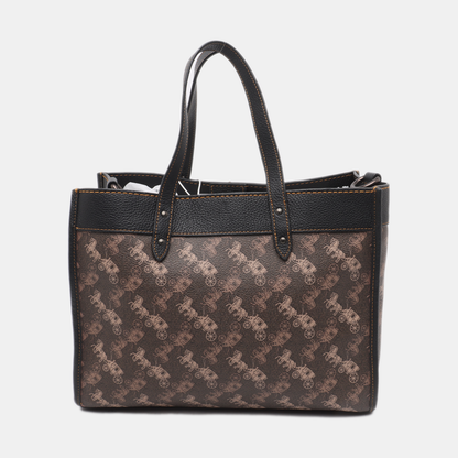 COACH FIELD Brown Coated Canvas Printed Carriage Single Shoulder Bag Crossbody Handbag Black hardware Pouch detachable shoulder strap-(SKU)-14243467