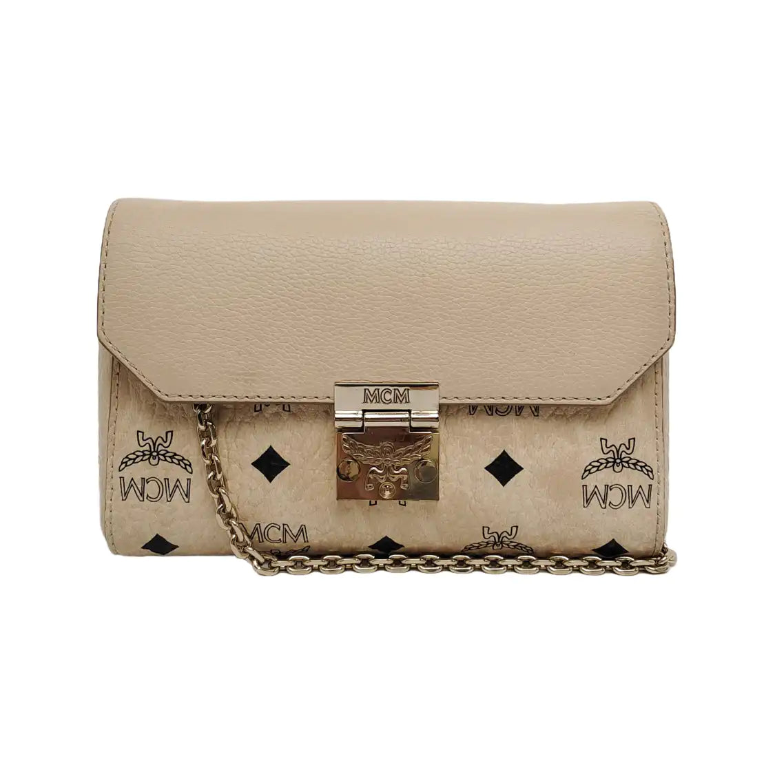 MCM MILLIE  Khaki coated canvas monogram laurel buckle shoulder bag/crossbody bag Golden hardware Removable shoulder strap-(SKU)-942977420