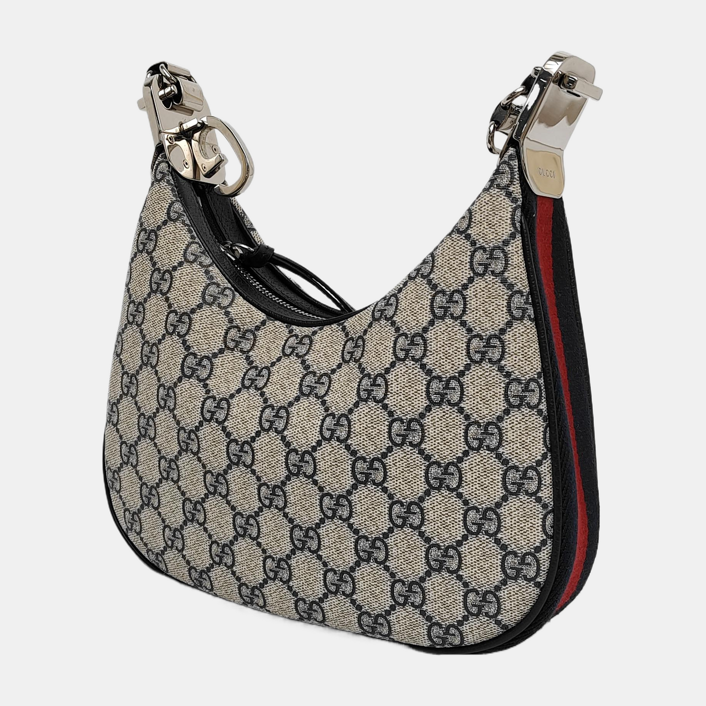 GUCCI Attache Small Beige Coated Canvas Monogram Striped Web Shoulder Bag Crossbody Bag Silver Hardware 2 Removable Straps-(SKU)-942240988
