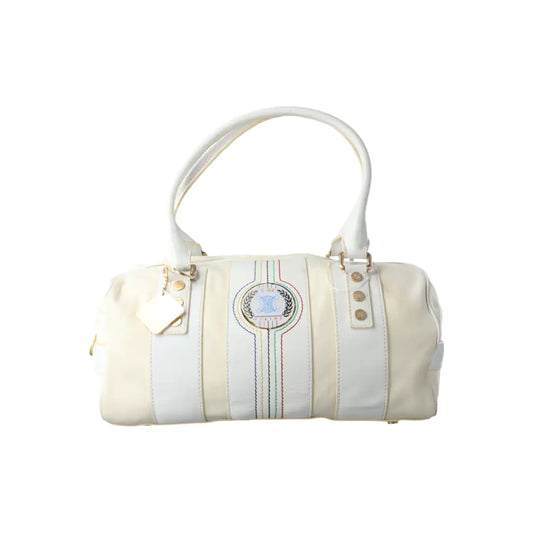 CELINE White Canvas Printed Single Shoulder Bag Handbag Golden hardware-(SKU)-13501989