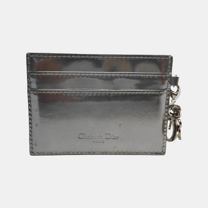 DIOR Lady Dior Silver Patent Leather Woven Quilted Diagonal Card Case Silver Hardware-(SKU)-941217354