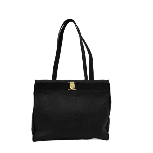 FERRAGAMO Vara Large size Dark blue cowhide shoulder bag Golden hardware-(SKU)-942579184