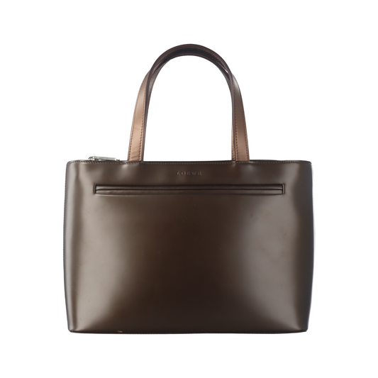 LOEWE T Pouch  Dark Brown Leather Handbag Silver Hardware-(SKU)-13379220