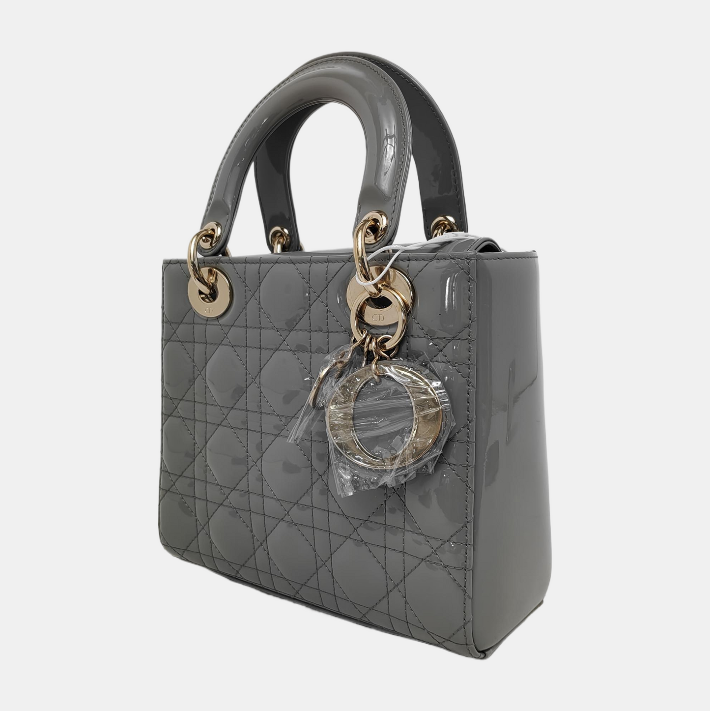 DIOR Lady Dior Small Size Blue Gray Patent Leather Cannage Quilted Diorella Shoulder Bag Tote Crossbody Bag with Detachable Strap-(SKU)-945787719