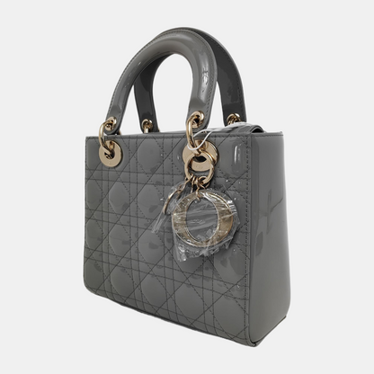 DIOR Lady Dior Small Size Blue Gray Patent Leather Cannage Quilted Diorella Shoulder Bag Tote Crossbody Bag with Detachable Strap-(SKU)-945787719