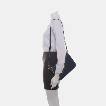 TORY BURCH Dark Blue Leather Shoulder Tote Crossbody Bag Golden hardware Removable shoulder strap-(SKU)-14258983