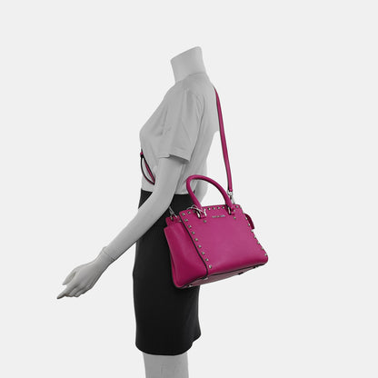 MICHAEL KORS Selma Blush Pink Leather Embossed Studs Single Shoulder Bag Tote Bag Silver Hardware Removable shoulder strap-(SKU)-940156250