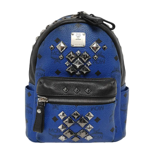 MCM STARK  mini Blue Coated Canvas Monogrammed Stud Double Backpack Silver Black Hardware-(SKU)-943802065