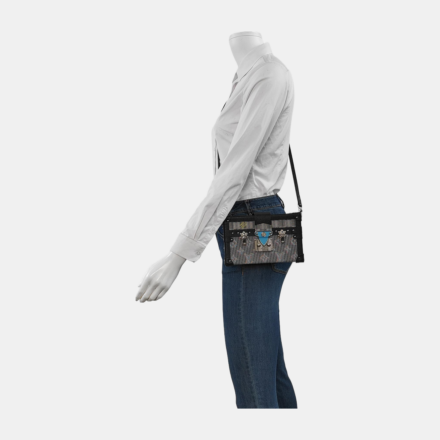 LOUIS VUITTON PETITE MALLE Gray Leather Printed Crossbody Shoulder Bag Silver Hardware Removable Strap-(SKU)-945960647