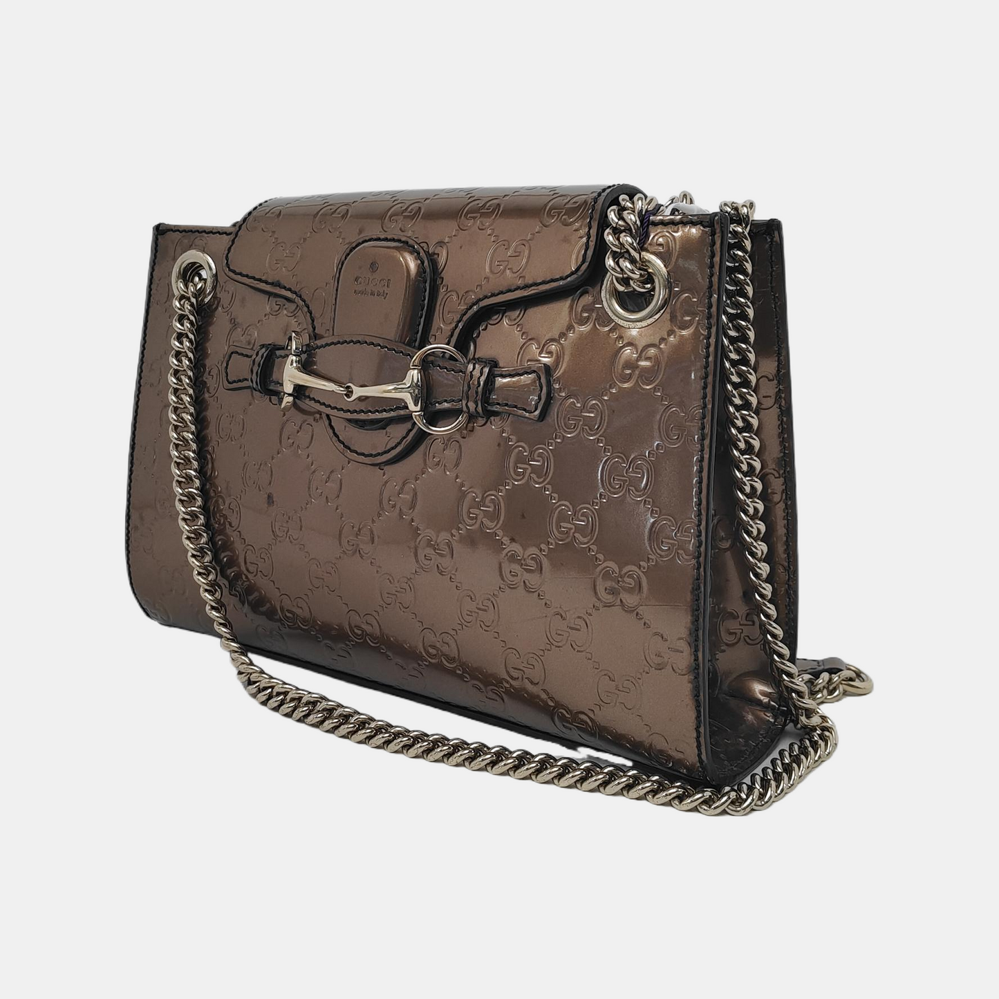 GUCCI Emily Chain Brown Patent Leather Monogram Embossed Shoulder and Handbag Golden hardware-(SKU)-945120170