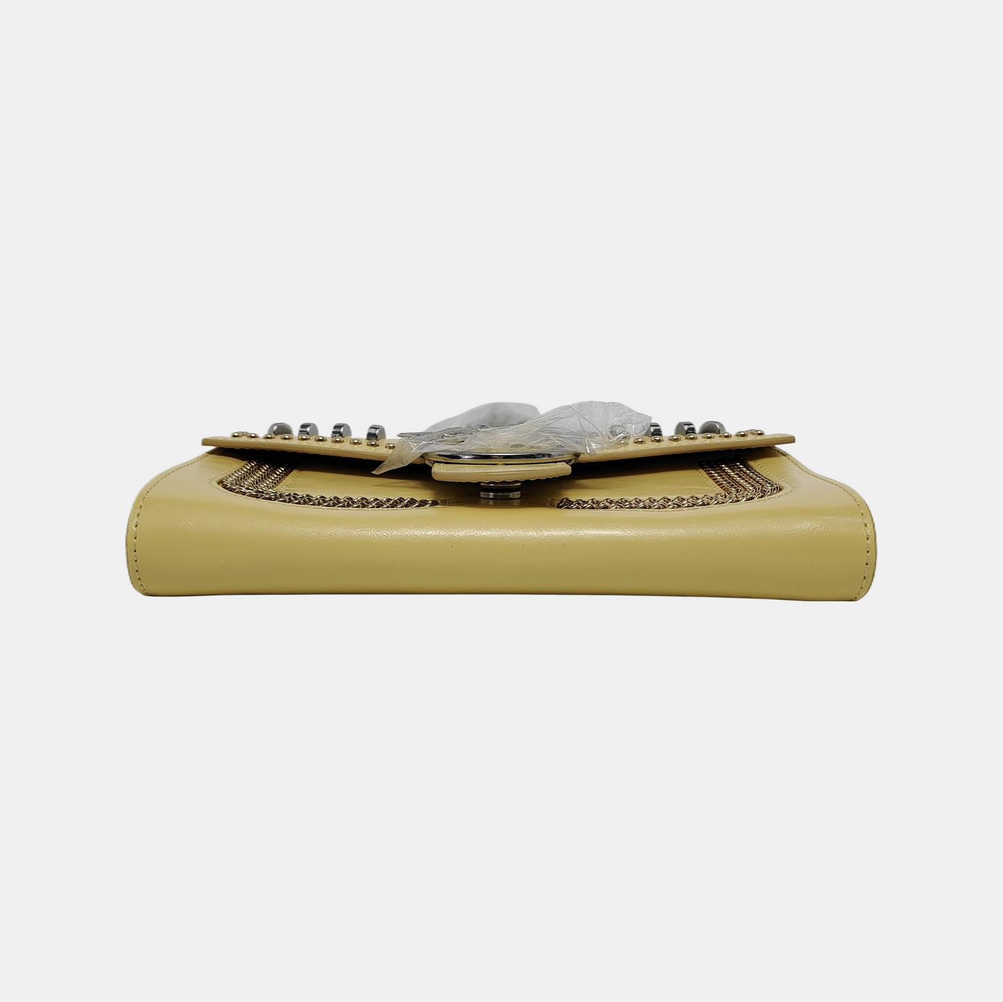 PINKO Love Evolution Small size Yellow Leather Stud Crossbody Single Shoulder Bag Clutch Golden Silver Hardware Removable shoulder strap-(SKU)-944690320