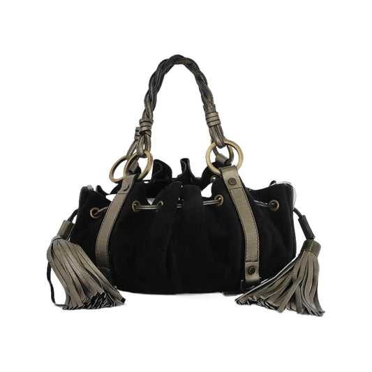 GIVENCHY Tote bag Black suede fringed woven handbag Golden hardware-(SKU)-943630659