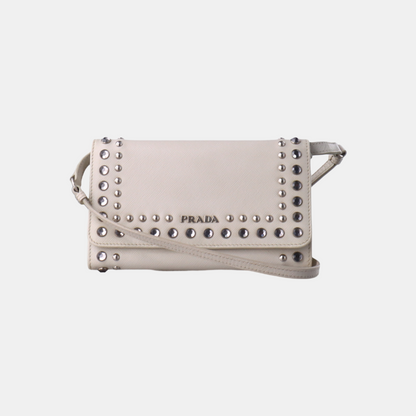 PRADA White Cowhide Crisscross Studs Single Shoulder Bag Crossbody Bag Silver Hardware Removable shoulder strap-(SKU)-935053572