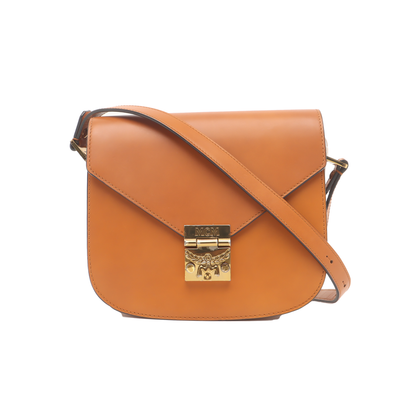 MCM PATRICIA Small size Brown Leather Bay Leaf Buckle Single Shoulder Bag Crossbody Bag Golden hardware-(SKU)-939142575