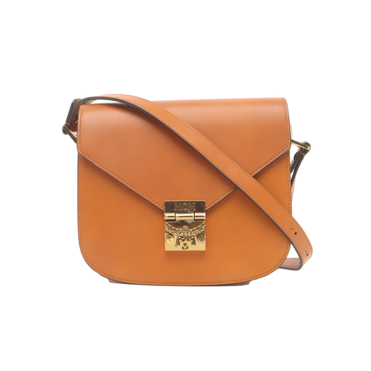 MCM PATRICIA Small size Brown Leather Bay Leaf Buckle Single Shoulder Bag Crossbody Bag Golden hardware-(SKU)-939142575