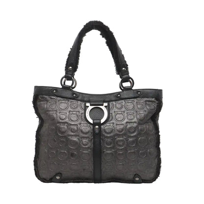 FERRAGAMO Marissa Dark Gray Fabric Textured Handbag Silver Hardware-(SKU)-928999227