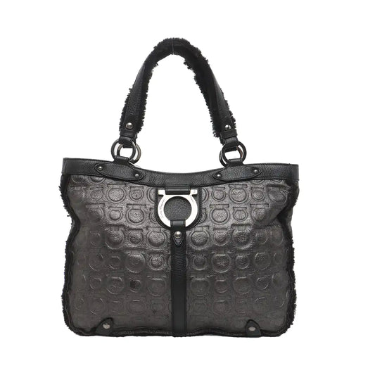 FERRAGAMO Marissa Dark Gray Fabric Textured Handbag Silver Hardware-(SKU)-928999227