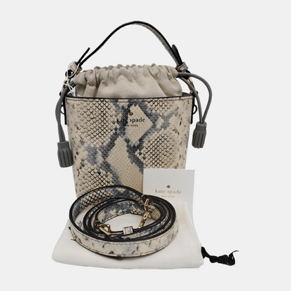 Kate Spade Bucket bag White leather snake-pattern shoulder bag/handbag/crossbody bag Golden hardware Removable shoulder strap-(SKU)-942670140