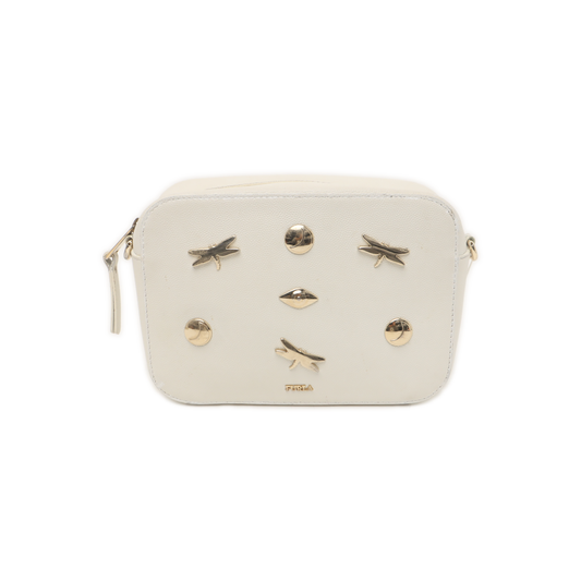 FURLA White Leather Studs Shoulder Bag Golden hardware Removable shoulder strap-(SKU)-939909071