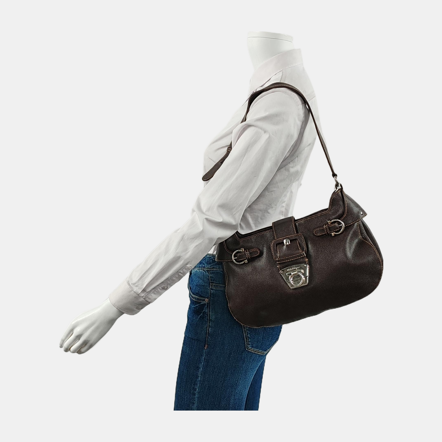 FERRAGAMO Deep brown cowhide single shoulder bag Silver Hardware-(SKU)-944080501