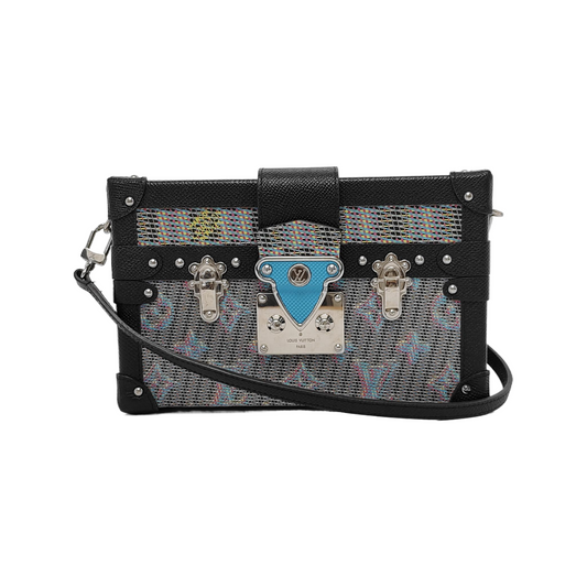 LOUIS VUITTON PETITE MALLE Gray Leather Printed Crossbody Shoulder Bag Silver Hardware Removable Strap-(SKU)-945960647