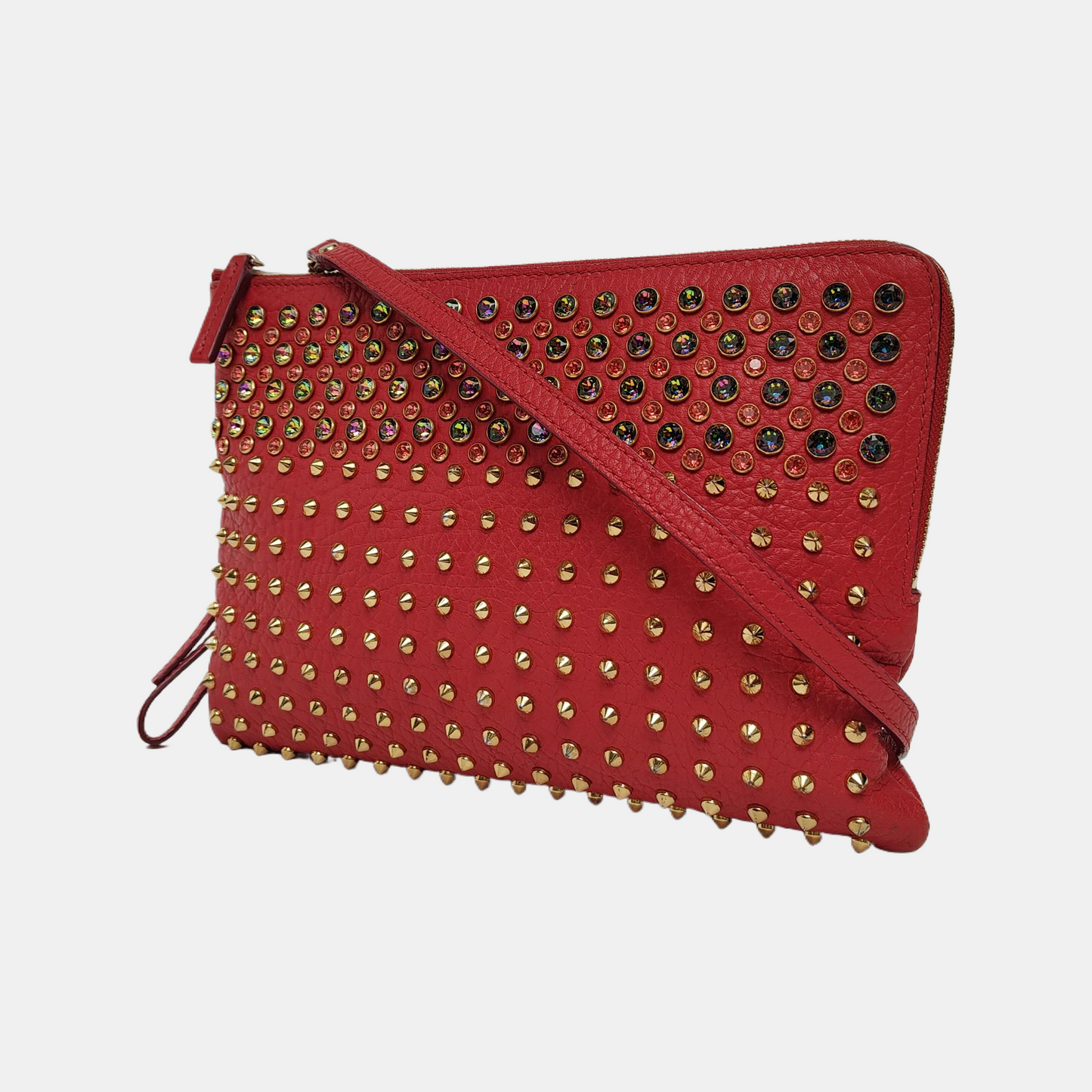 MCM Red Leather Rivet Embellished Crossbody Shoulder Bag Golden Silver Hardware Removable shoulder strap-(SKU)-942099905