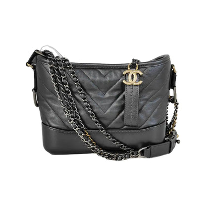 CHANEL GABRIELLE Small size deep grey leather quilted V pattern Gabrielle bag shoulder bag crossbody bag with gold silver ruthenium hardware 28 opening and removable shoulder strap-(SKU)-943365638