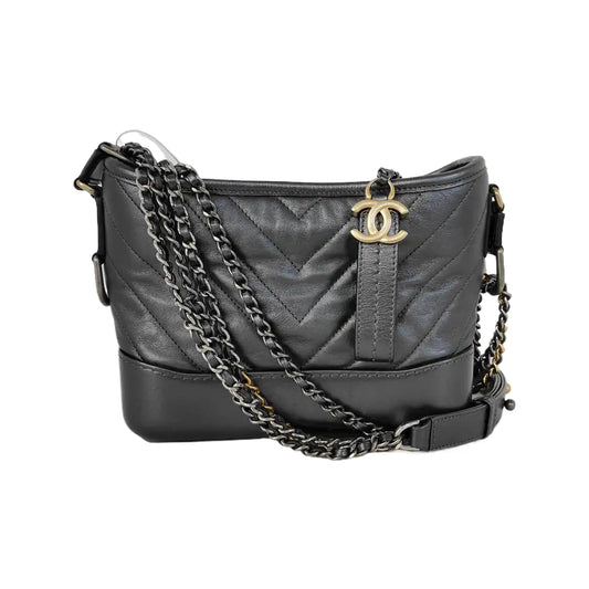 CHANEL GABRIELLE Small size deep grey leather quilted V pattern Gabrielle bag shoulder bag crossbody bag with gold silver ruthenium hardware 28 opening and removable shoulder strap-(SKU)-943365638
