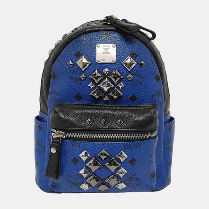 MCM STARK  mini Blue Coated Canvas Monogrammed Stud Double Backpack Silver Black Hardware-(SKU)-943802065