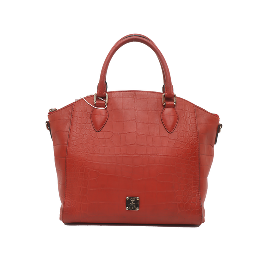 MCM Red Leather Textured Tote Bag Silver Hardware-(SKU)-933876328