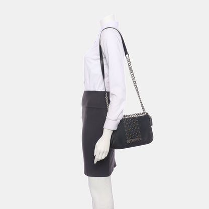 COACH SWAGGER Black Leather Studs Inlay Crossbody Bag Single Shoulder Bag Golden silver ruthenium color hardware-(SKU)-939036502