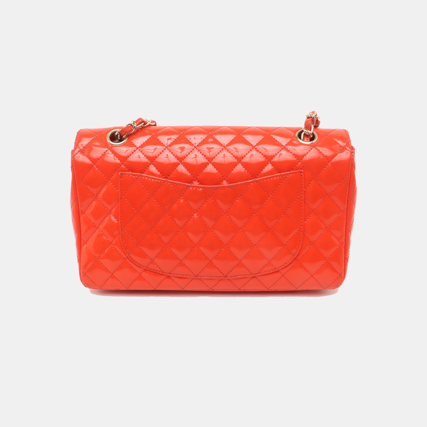 CHANEL CLASSIC FLAP medium size red patent leather quilted shoulder bag with 13 chain links, gold and black and red hardware-(SKU)-931805399