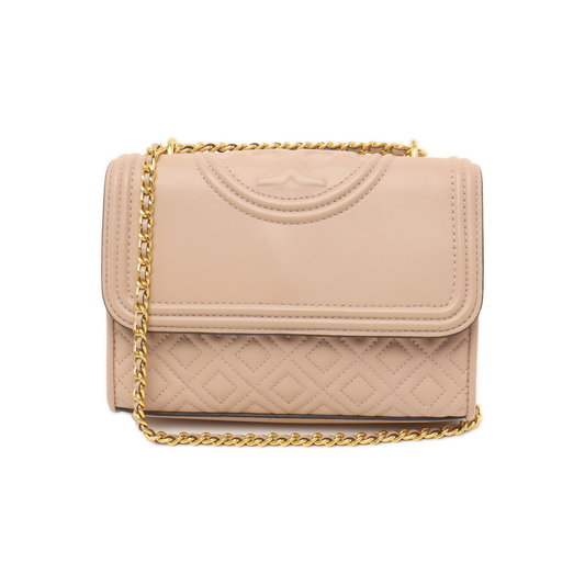 TORY BURCH Fleming Small size Nude Pink Cowhide Quilted Fringe Shoulder Bag Crossbody Golden hardware-(SKU)-14255932